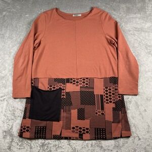 Chalet et Ceci Tunic Dress Womens Sz L Orange Black Pocket Art To Wear Lagenlook